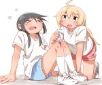  &gt;_&lt; 2girls ahoge all_fours aqua_eyes black_hair blonde_hair blood chito_(shoujo_shuumatsu_ryokou) contemporary flying_sweatdrops gym_uniform injury long_hair multiple_girls scraped_knee shirt short_shorts shorts shoujo_shuumatsu_ryokou sitting sweatdrop t-shirt tears twintails white_background yoshimi_(yasinatongren) yuuri_(mermaid_melody_pichi_pichi_pitch) 