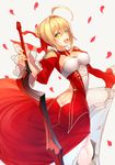  :d aestus_estus ahoge bangs banned_artist blonde_hair braid breasts commentary_request dimples_of_venus dress eyebrows_visible_through_hair fate/extra fate_(series) french_braid from_side grey_background hair_between_eyes hair_bun holding holding_sword holding_weapon kyoeiki looking_at_viewer medium_breasts nero_claudius_(fate) nero_claudius_(fate)_(all) open_mouth petals red_dress rose_petals sidelocks simple_background smile solo sword teeth twisted_torso weapon 