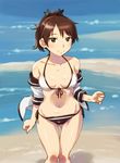  adapted_costume ass_visible_through_thighs bikini black_bikini_bottom black_ribbon breasts brown_eyes brown_hair covered_nipples cowboy_shot front-tie_top hair_ribbon kantai_collection looking_at_viewer mismatched_bikini open_clothes open_shirt ponytail ribbon sameha_ikuya shikinami_(kantai_collection) shirt side-tie_bikini small_breasts solo swimsuit white_bikini_top white_shirt 