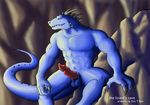  2007 5_fingers abs anthro balls biceps biped black_claws blue_balls blue_scales blue_tail cave claws digital_media_(artwork) erection evo_t_rex front_view grey_horn horn lizard long_tail looking_away male muscular muscular_male nude pecs penis pink_penis portrait reptile scales scalie sharp_teeth sitting solo spikes teeth thick_tail three-quarter_portrait 
