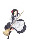  apron black_eyes black_footwear black_hair boots broom eyebrows fighting_stance forehead full_body highres juliet_sleeves legs_apart long_sleeves looking_at_viewer maid maid_apron makaria official_art princess_principal princess_principal_game_of_mission puffy_sleeves solo standing toudou_chise transparent_background 