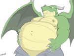  2017 anthro belly big_belly canson claws clothed clothing dragon fangs green_skin grey_wings hand_on_stomach horn low-angle_view male navel nipple_piercing nipples overweight pants piercing scales scalie seductive simple_background smile tan_scales topless unbuttoned white_background wings 