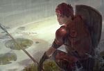  artist_name back copyright_name dated fire_emblem fire_emblem_echoes:_mou_hitori_no_eiyuuou gloves grass leaf lily_pad looking_at_viewer lukas_(fire_emblem) male_focus mavis_fuji polearm rain red_eyes red_hair shield solo spear water weapon 