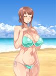  1girl amafuwa_mama_no_iru_seikatsu bangs bare_arms bare_legs bare_shoulders beach bikini blush breasts brown_hair cleavage clouds day enoshima_iki eyes_closed green_bikini hair_up hands_together highres huge_breasts legs long_hair mound_of_venus navel ocean original outdoors parted_lips puffy_nipples sand shiny shiny_skin sky solo standing sweat thighs water 