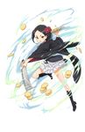  black_footwear black_hair boots chestnut_mouth cutting eyebrows flower forehead frilled_skirt frills full_body hair_flower hair_ornament highres holding holding_plate knife looking_at_viewer makaria motion_blur official_art plate princess_principal princess_principal_game_of_mission school_uniform skirt solo standing standing_on_one_leg toudou_chise transparent_background white_skirt wide_sleeves 
