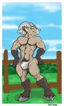 2008 aaron_(artist) aaron_(character) abs anthro biceps bighorn_sheep biped black_fur blue_sky border brown_eyes bulge bushes caprine clothed clothing cloud cloven_hooves day detailed_background digital_media_(artwork) ear_piercing eyebrow_piercing facial_piercing fence front_view full-length_portrait fur grass grey_fur grey_hooves grey_horn half-closed_eyes hands_on_hips hooves horn inner_ear_fluff looking_at_viewer male mammal multicolored_fur muscular muscular_male nipples outside pecs piercing pink_nipples portrait pubes shadow sheep signature sky smile snout solo standing thong topless underwear white_border white_bottomwear white_clothing white_fur white_underwear 
