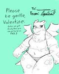  agatha_(mittensmcgee) anthro blue_background blush breasts cleavage clothed clothing dragon english_text female holidays low_res mittensmcgee simple_background slightly_chubby smile solo text thick_thighs valentine&#039;s_day wide_hips wings 