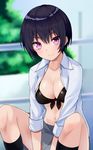  bangs between_legs bikini black_bikini black_hair black_legwear blurry blush bob_cut breasts cleavage closed_mouth commentary_request day depth_of_field dress_shirt eyebrows_visible_through_hair gomashi_(goma) hair_between_eyes hand_between_legs highres kneehighs large_breasts looking_at_viewer mole mole_under_eye navel open_clothes open_shirt original outdoors pink_eyes purple_eyes revision shirt short_hair sitting smile solo swimsuit tsurime unbuttoned unbuttoned_shirt white_shirt 