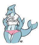  anthro breasts cetacean clothing dolphin english_text female hands_on_hips mammal marine midriff mittensmcgee red_eyes shirt simple_background smile solo text white_background 