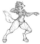  2016 anthro breasts clothed clothing female gnoll guoh hi_res mammal monochrome navel simple_background sketch skimpy solo tattoo 