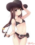  adjusting_clothes adjusting_hat artist_name belt belt_pouch bikini black_bikini black_hat blush breasts brown_eyes brown_hair dated dgle3370 groin hair_bobbles hair_ornament hat highres long_hair looking_at_viewer low-tied_long_hair navel original pouch riding_crop small_breasts solo standing swimsuit 