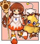  :d braid chocobo cosplay creature crossover dakusuta final_fantasy fushigi_no_dungeon highres kukuri long_hair looking_at_viewer mahoujin_guruguru open_mouth smile staff twin_braids weapon white_mage white_mage_(cosplay) 