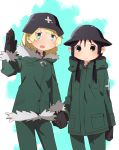  2girls black_eyes black_hair blonde_hair blue_eyes brodie_helmet chito_(shoujo_shuumatsu_ryokou) fur_trim gloves hand_holding helmet highres military military_uniform multiple_girls shoujo_shuumatsu_ryokou stahlhelm twintails uniform yoshimi_(yasinatongren) yuuri_(shoujo_shuumatsu_ryokou) 