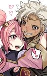  1girl blush boey_(fire_emblem) brown_eyes embarrassed fire_emblem fire_emblem_echoes:_mou_hitori_no_eiyuuou fire_emblem_gaiden gloves heart hetero highres hug mae_(fire_emblem) pink_eyes pink_hair simple_background smile tan white_background white_hair 