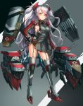  1girl armored_boots armpit_cutout azur_lane bangs blush boots breasts brown_eyes cannon eyebrows_visible_through_hair full_body garter_straps hand_on_hip highres iron_cross large_breasts leotard lithium10mg long_hair long_sleeves looking_at_viewer machinery mole mole_on_breast multicolored_hair pelvic_curtain prinz_eugen_(azur_lane) red_hair rigging sideboob silver_hair smile solo streaked_hair thigh_boots thighhighs tsurime turret two_side_up very_long_hair wide_sleeves 