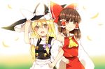  :d apron ascot blonde_hair blouse blush bow braid breasts brown_hair commentary detached_sleeves hair_bow hair_tubes hakurei_reimu hand_on_headwear hat height_difference highres kirisame_marisa locked_arms long_hair looking_at_viewer medium_breasts multiple_girls open_mouth puffy_short_sleeves puffy_sleeves red_eyes sarashi short_sleeves shoulder-to-shoulder side-by-side single_braid smile touhou turtleneck very_long_hair vest waist_apron witch_hat yellow_eyes yururi_nano 