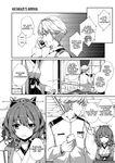  2girls :o admiral_(kantai_collection) bangs blunt_bangs cellphone comic commentary curly_hair door drill_hair english eyebrows_visible_through_hair furisode greyscale hair_ornament hair_ribbon hakama_skirt hatakaze_(kantai_collection) highres japanese_clothes kantai_collection kasumi_(kantai_collection) kimono long_hair meiji_schoolgirl_uniform military military_uniform monochrome multiple_girls naval_uniform office phone ponytail ribbon sheita side_ponytail smartphone solid_oval_eyes sweatdrop swept_bangs tsurime uniform v-shaped_eyebrows 