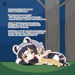  animal_ears brown_eyes comic common_raccoon_(kemono_friends) extra_ears face_licking fennec_(kemono_friends) fennec_fox highres kemono_friends licking lying page_number raccoon_ears raccoon_tail shima_noji_(dash_plus) solo tail tears translated tree 