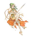  amiti armor bangs belt boots breastplate brown_eyes cape elbow_gloves elincia_ridell_crimea eyebrows_visible_through_hair fingerless_gloves fire_emblem fire_emblem:_souen_no_kiseki fire_emblem_heroes full_body gloves green_hair highres holding holding_sword holding_weapon kippu long_hair official_art one_eye_closed shoulder_armor shoulder_pads solo sword thigh_boots thighhighs tiara torn_clothes torn_legwear transparent_background weapon 