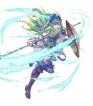  armor bad_source belt blue_armor blue_eyes boots breastplate detached_sleeves fire_emblem fire_emblem:_souen_no_kiseki fire_emblem_heroes full_body green_hair haccan helmet highres holding holding_weapon knee_boots leg_up long_hair looking_at_viewer nephenee official_art open_mouth polearm shield skirt solo spear thighhighs transparent_background weapon 
