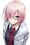  black-framed_eyewear black_shirt cardigan fate/grand_order fate_(series) glasses hair_between_eyes highres looking_at_viewer mash_kyrielight nauchi necktie open_cardigan open_clothes pink_hair purple_eyes red_neckwear shirt short_hair simple_background solo upper_body white_background 