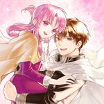  1boy 1girl brown_eyes brown_hair cape carrying couple cuan_(fire_emblem) ethlin_(fire_emblem) fire_emblem hetero image_sample pink_eyes pink_hair ponytail short_hair smile twitter_sample 