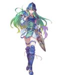  armor belt blue_armor blue_eyes boots breastplate detached_sleeves fire_emblem fire_emblem:_souen_no_kiseki fire_emblem_heroes full_body gradient_hair green_hair haccan helmet highres holding knee_boots long_hair looking_at_viewer multicolored_hair nephenee official_art shield skirt solo thighhighs transparent_background 