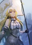  armor armored_dress banner blonde_hair blue_eyes breasts chain cowboy_shot dress fate/apocrypha fate_(series) gauntlets holding holding_weapon jeanne_d'arc_(fate) jeanne_d'arc_(fate)_(all) large_breasts long_hair looking_up magic_xiang sleeveless sleeveless_dress solo standing very_long_hair weapon 