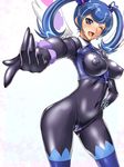  1girl blue_angel blue_eyes blue_hair blush breasts cameltoe covered_navel curvy erect_nipples female hajime_shindo large_breasts latex long_hair long_sleeves looking_at_viewer open_mouth puffy_nipples smile solo standing thong twintails wink yu-gi-oh! yuu-gi-ou_vrains zaizen_aoi 