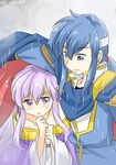  1girl blue_eyes blue_hair blush brother_and_sister cape celice_(fire_emblem) circlet fire_emblem fire_emblem:_seisen_no_keifu headband lavender_hair long_hair looking_at_viewer purple_eyes purple_hair rain siblings smile yukia_(firstaid0) yuria_(fire_emblem) 