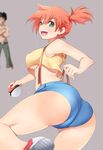  1girl ass breasts denim denim_shorts highres holding holding_poke_ball kasumi_(pokemon) kippuru looking_at_viewer medium_breasts open_mouth orange_hair poke_ball poke_ball_(generic) pokemon pokemon_(anime) pokemon_(classic_anime) pokemon_sm_(anime) shorts side_ponytail suspenders sweat takeshi_(pokemon) underboob 