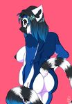  2017 anthro bedroom_eyes belly big_breasts biped black_hair black_nipples black_nose black_tail blue_eyes blue_hair blue_tail breasts butt ears_back eyelashes female fluffy fluffy_tail gloves_(marking) hair half-closed_eyes hand_on_hip humanoid_hands lemur long_tail looking_at_viewer looking_back mammal markings multicolored_body multicolored_hair nipples nude overweight overweight_female pink_background portrait primate rear_view ring-tailed_lemur ryarik seductive short_hair side_boob simple_background smile solo standing striped_tail stripes three-quarter_portrait two_tone_hair watermark white_tail 