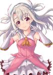  ascot bare_shoulders blonde_hair c: commentary dress elbow_gloves eyebrows_visible_through_hair fate/kaleid_liner_prisma_illya fate_(series) feathers gloves hair_feathers head_tilt illyasviel_von_einzbern laurier long_hair looking_at_viewer magical_girl pink_dress pointing pointing_at_self prisma_illya red_eyes sleeveless sleeveless_dress smile solo two_side_up white_gloves 