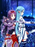  :d ahoge ameto asuna_(sao) asuna_(sao-alo) blue_eyes blue_hair blue_legwear breastplate detached_sleeves eyebrows_visible_through_hair fingerless_gloves gloves hairband holding holding_sword holding_weapon long_hair miniskirt multiple_girls night open_mouth pointy_ears purple_gloves purple_hair purple_skirt red_eyes red_hairband skirt sky smile standing star_(sky) starry_sky sword sword_art_online thighhighs very_long_hair weapon white_skirt yuuki_(sao) zettai_ryouiki 