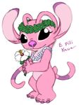  2006 4_toes alien angel_(lilo_and_stitch) antennae black_eyes chest_markings colored_sketch digital_drawing_(artwork) digital_media_(artwork) disney experiment_(species) eyelashes flower fur hands_together hawaiian_text headband holding_flower holding_object interlocked_fingers lei lilo_and_stitch looking_at_viewer markings miriamthebat nose_wrinkle pink_fur pink_nose plant simple_background small_tail smile solo toes white_background 