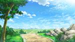  blue_sky bush cloud cloudy_sky commentary_request day grass highres horizon meadow mitsuki_(yu_hsiang_yi) mountainous_horizon nature no_humans outdoors path plant road rock scenery sky stone sunlight tree 