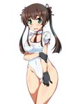  :&lt; black_gloves brown_hair chinese_clothes covered_nipples cowboy_shot gloves green_eyes hair_ornament highres leotard looking_at_viewer open_mouth original ouhashi short_eyebrows simple_background solo standing thick_eyebrows thigh_gap twintails wavy_mouth white_background white_leotard 