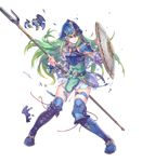  armor belt blue_armor blue_eyes boots breastplate broken_armor clenched_teeth detached_sleeves fire_emblem fire_emblem:_souen_no_kiseki fire_emblem_heroes full_body green_hair haccan helmet highres holding holding_weapon knee_boots long_hair looking_at_viewer nephenee official_art polearm shield skirt solo spear tearing_clothes teeth thighhighs torn_clothes transparent_background weapon 