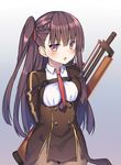  :o absurdres arms_behind_back asymmetrical_bangs bangs blue_background blush braid breasts brown_eyes brown_hair brown_legwear bullpup commentary cowboy_shot eyebrows_visible_through_hair girls_frontline google_(asdek18) gradient gradient_background gun hair_ribbon highres holding holding_gun holding_weapon long_hair long_sleeves looking_at_viewer medium_breasts military military_uniform necktie open_mouth pantyhose pelvic_curtain purple_hair red_neckwear red_ribbon ribbon rifle sniper_rifle solo tsurime uniform v-shaped_eyebrows wa2000_(girls_frontline) walther walther_wa_2000 weapon 