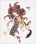  alternate_costume auko blue_eyes brown_hair emolga gen_5_pokemon high_heels long_hair looking_at_viewer no_hat no_headwear pants plaid plaid_pants pokemon pokemon_(creature) pokemon_(game) pokemon_bw ponytail simple_background touko_(pokemon) 