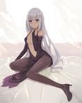  bare_shoulders black_dress black_footwear black_legwear breasts bridal_gauntlets center_opening cosplay darcy_(pixiv11949485) dress elsa_granhilte elsa_granhilte_(cosplay) emilia_(re:zero) flower full_body hair_flower hair_ornament highres long_hair looking_at_viewer medium_breasts navel pantyhose pelvic_curtain purple_eyes re:zero_kara_hajimeru_isekai_seikatsu shoes silver_hair sitting smile solo very_long_hair 