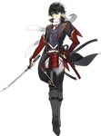  armor black_hair blue_eyes boots coat double-breasted earrings full_body holding holding_sword holding_weapon horikawa_kunihiro japanese_armor jewelry kiwame_(touken_ranbu) knee_boots looking_at_viewer male_focus official_art parted_lips scarf sheath shiramine_(srmn09) solo standing sword touken_ranbu transparent_background wakizashi weapon 