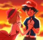  1girl baseball_cap black_hair blue_eyes blush brown_eyes brown_hair hat holding_hands interlocked_fingers looking_at_another moyori orange_(color) pokemon pokemon_(anime) pokemon_xy_(anime) satoshi_(pokemon) serena_(pokemon) short_hair smile sunset 