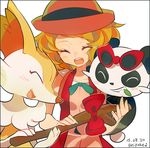  auko bow braixen brown_hair closed_eyes eyewear_on_head gen_6_pokemon laughing pancham pokemon pokemon_(anime) pokemon_(creature) pokemon_xy_(anime) red_bow serena_(pokemon) short_hair smile stick sunglasses 