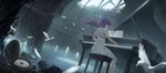  absurdres bird clock dress fate/stay_night fate_(series) floating_hair from_behind highres instrument long_hair matou_sakura music piano playing_instrument playing_piano purple_hair ruins short_dress sitting solo white_dress xukong 