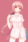  bad_id bad_pixiv_id braid breasts bugbook clipboard commentary_request fate/extra fate/grand_order fate_(series) florence_nightingale_(fate/grand_order) gloves large_breasts long_hair looking_at_viewer nurse pink_hair red_eyes solo thighhighs uniform white_legwear 