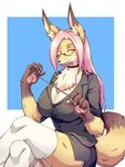  2017 5_fingers absolute_territory anthro breasts brown_fur canine chest_tuft claws cleavage clothed clothing collar dipstick_tail dreamdemon eyelashes eyewear female fox fur garter_straps glasses gloves_(marking) hair inner_ear_fluff legwear long_hair looking_at_viewer mammal markings multicolored_fur multicolored_tail pawpads pink_hair pink_pawpads sitting smile solo stockings tan_fur teacher tuft yellow_eyes yellow_fur 