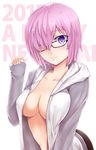  2017 black-framed_eyewear breasts cardigan cleavage collarbone covered_navel eyebrows_visible_through_hair fate/grand_order fate_(series) glasses hair_over_one_eye highres looking_at_viewer mash_kyrielight medium_breasts open_cardigan open_clothes pink_hair purple_eyes short_hair solo tipo_(tipoplaza) unzipped upper_body 