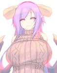 breasts brown_sweater demon_girl demon_horns demon_wings eyebrows_visible_through_hair hairband half-closed_eyes highres horns huge_breasts lilith_(mon-musu_quest:_paradox) looking_at_viewer low_wings meme_attire mon-musu_quest! parted_lips purple_hair ribbed_sweater seductive_smile shiki_(psychedelic_g2) simple_background smile solo succubus sweater virgin_killer_sweater white_background wings 
