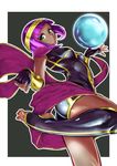  bangs blunt_bangs bob_cut bokkusu breasts crystal_ball dark_skin egyptian egyptian_clothes feet fingerless_gloves full_body gloves green_eyes hairband looking_at_viewer medium_breasts menat navel navel_cutout orb purple_hair short_hair simple_background smile solo street_fighter street_fighter_v toeless_legwear vambraces white_background 